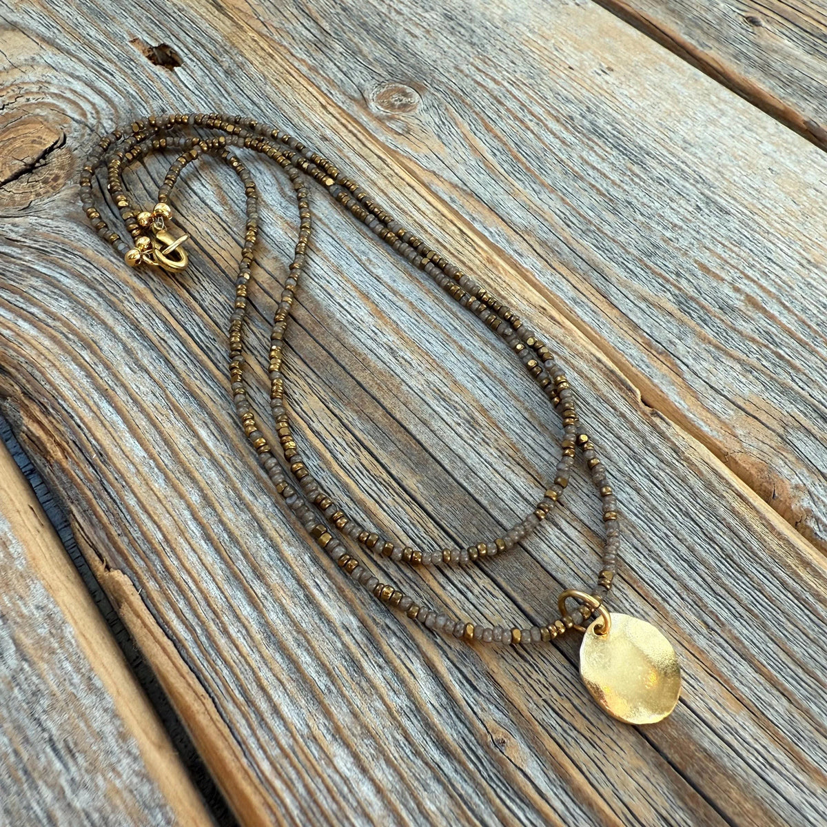 Brown Seed Bead Necklace with Gold Disc Pendant, Layered Minimalist Jewelry