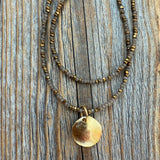 Brown Seed Bead Necklace with Gold Disc Pendant, Layered Minimalist Jewelry