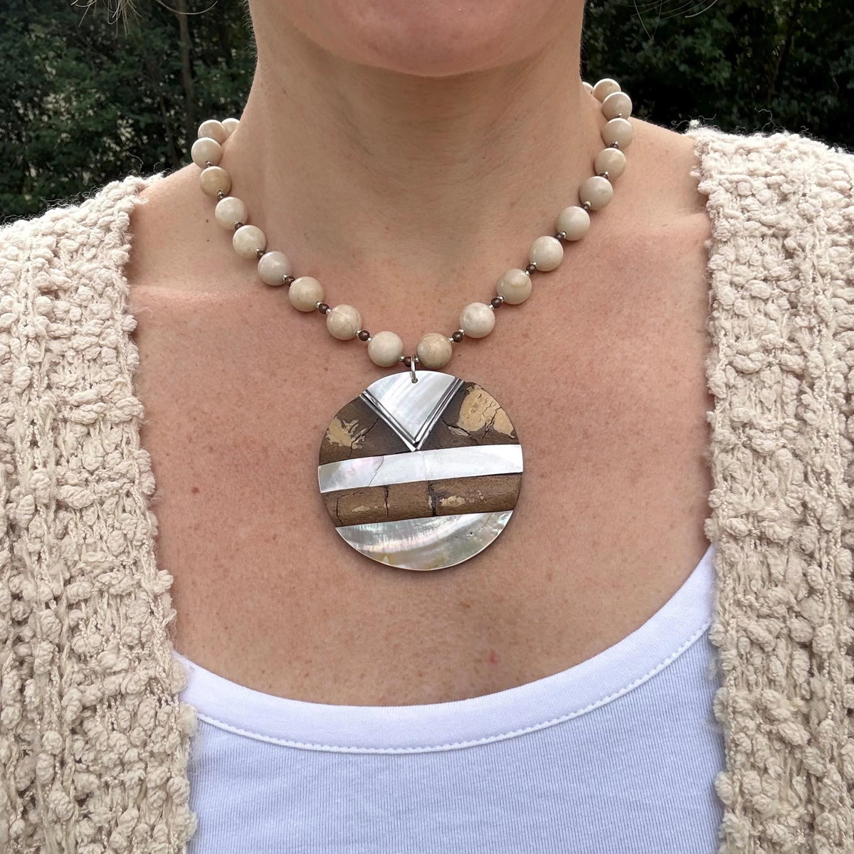 Chunky Beaded Statement Necklace with Geometric Pendant