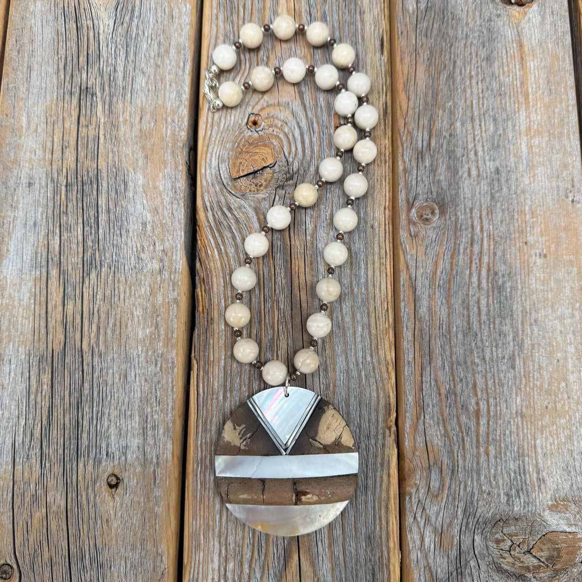 Chunky Beaded Statement Necklace with Geometric Pendant