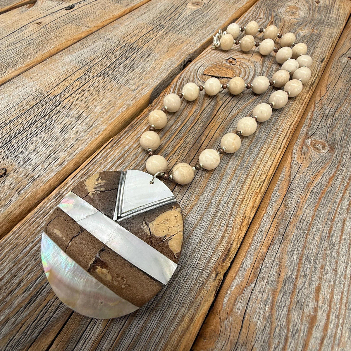 Chunky Beaded Statement Necklace with Geometric Pendant