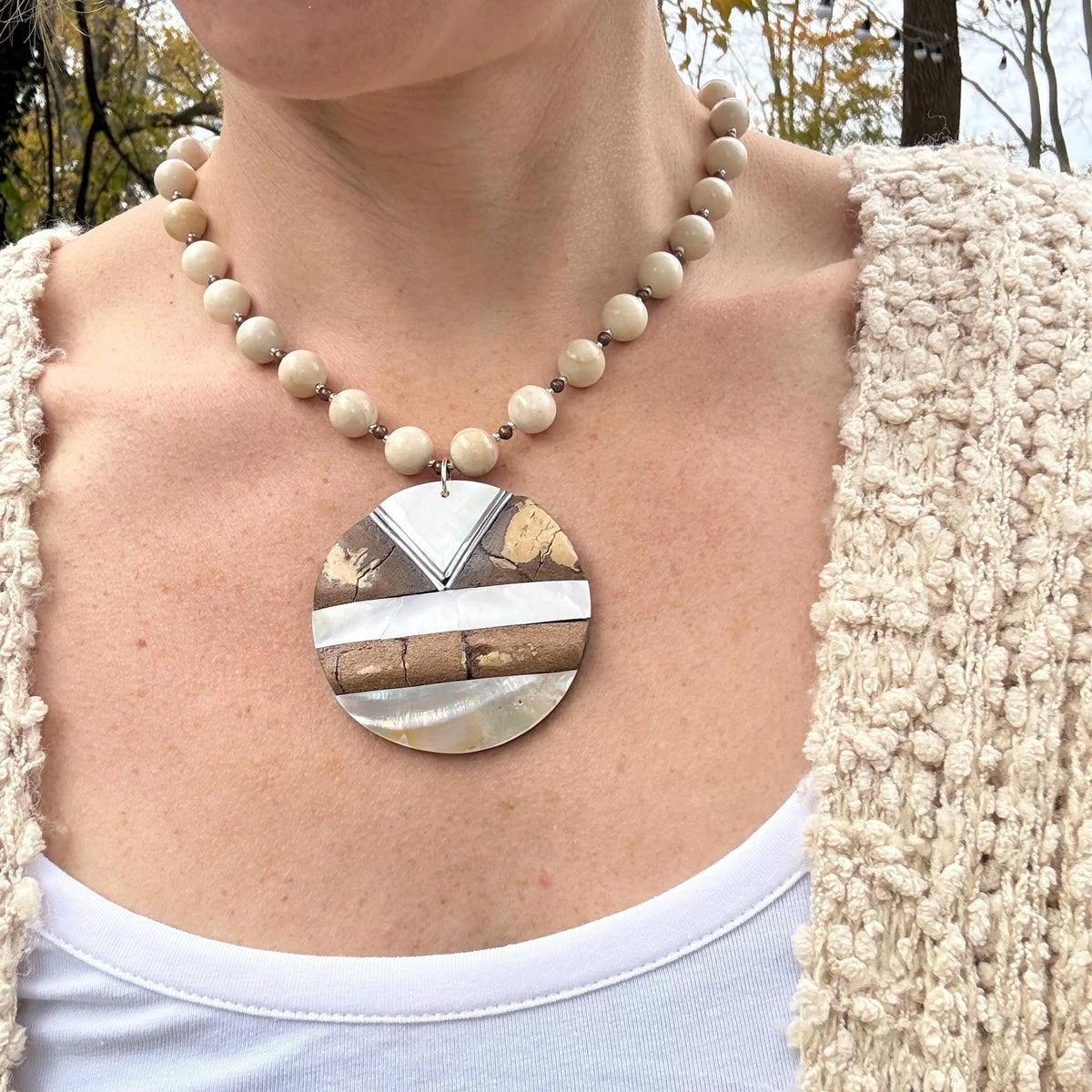 Chunky Beaded Statement Necklace with Geometric Pendant