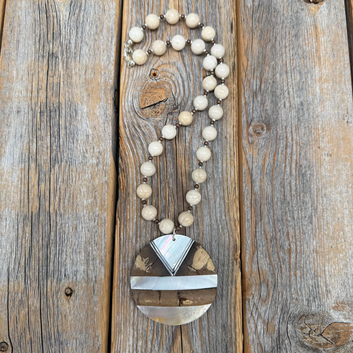 Chunky Neutral Statement Necklace, Boho Beaded Jewelry, Wood Shell Pendant