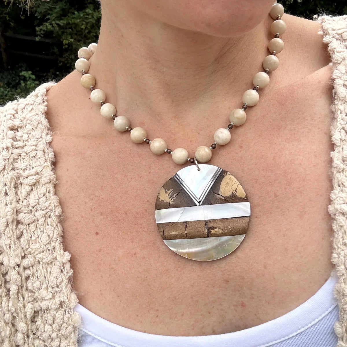 Chunky Neutral Statement Necklace, Boho Beaded Jewelry, Wood Shell Pendant