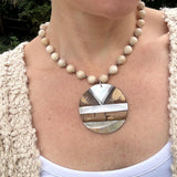 Chunky Neutral Statement Necklace, Boho Beaded Jewelry, Wood Shell Pendant