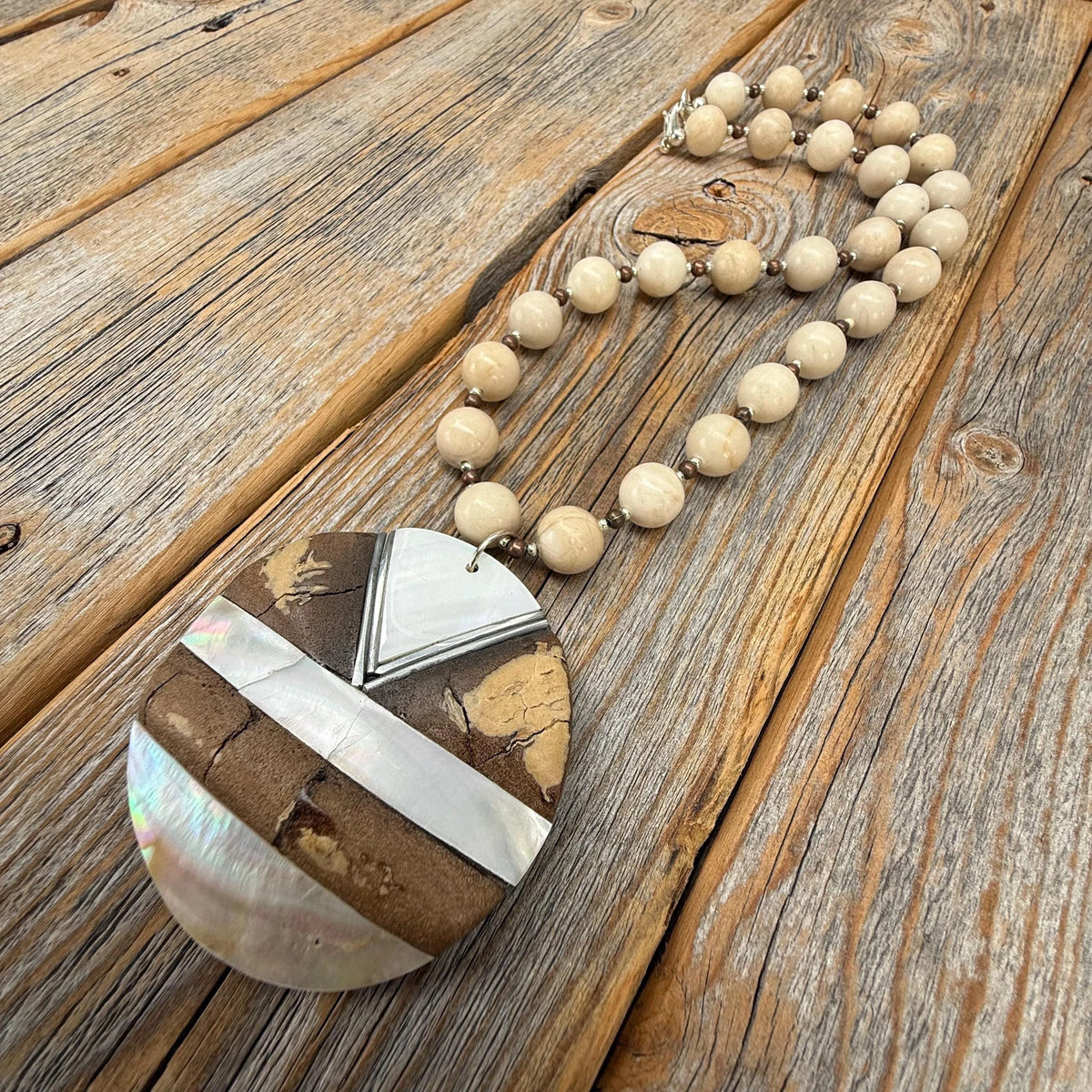 Chunky Neutral Statement Necklace, Boho Beaded Jewelry, Wood Shell Pendant