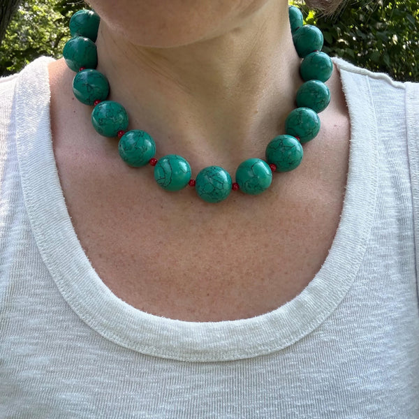 Chunky Turquoise & Red Coral Necklace, Southwestern Boho Statement Jewelry