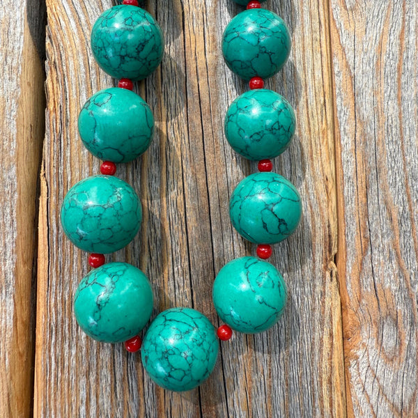 Chunky Turquoise & Red Coral Necklace, Southwestern Boho Statement Jewelry