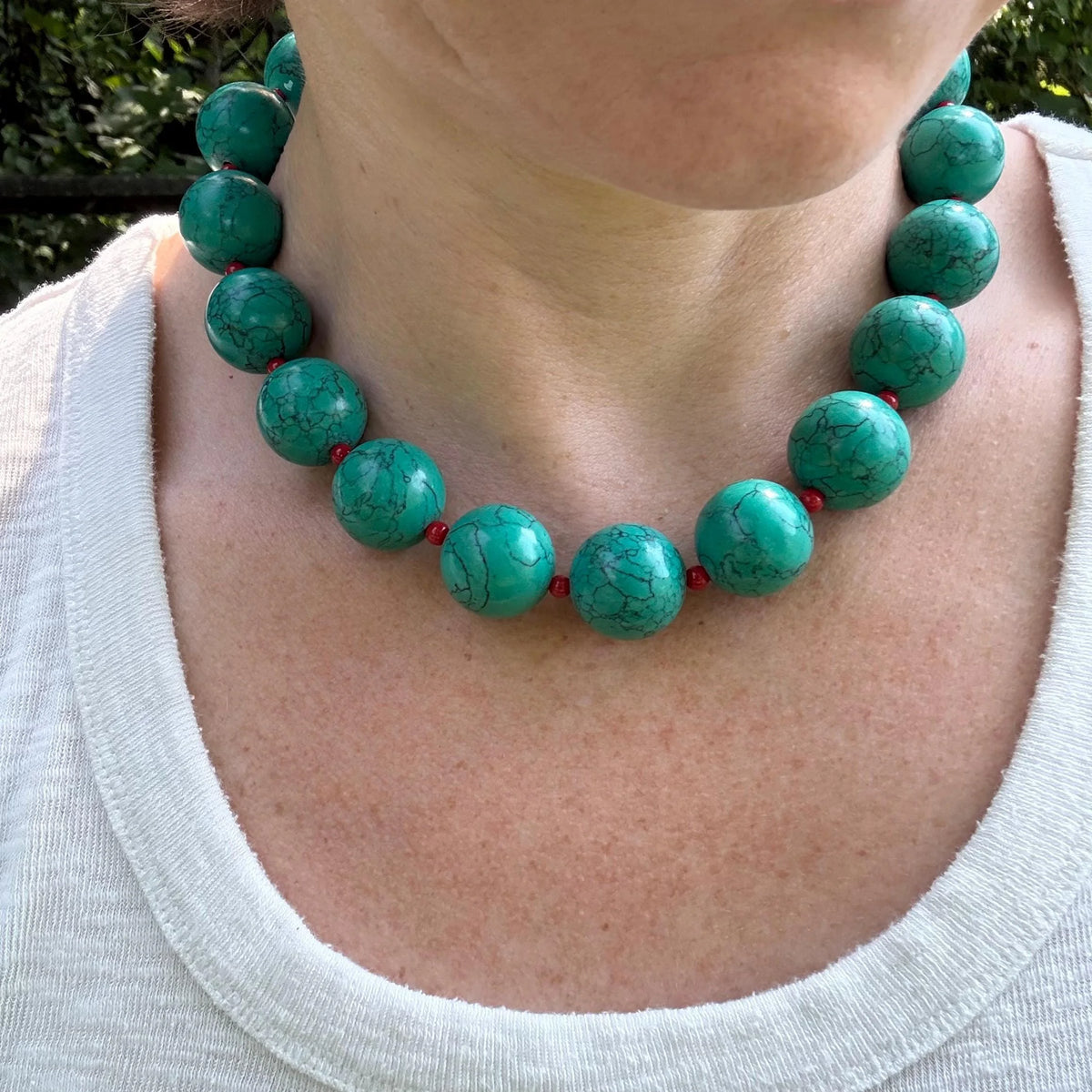 Chunky Turquoise & Red Coral Necklace, Southwestern Boho Statement Jewelry