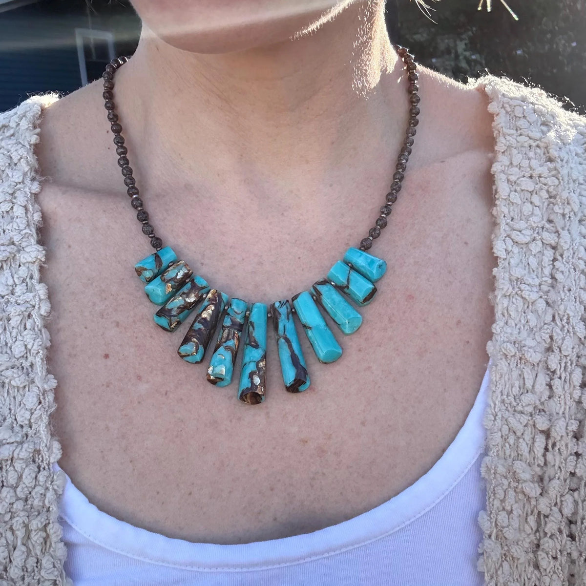 Chunky Turquoise Slab Necklace, Southwestern Beaded Statement Jewelry