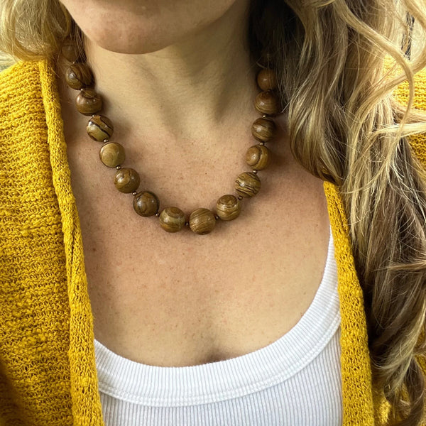 Chunky Wood Jasper Necklace, Boho Beaded Statement Jewelry