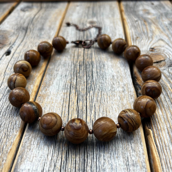 Chunky Wood Jasper Necklace, Boho Beaded Statement Jewelry