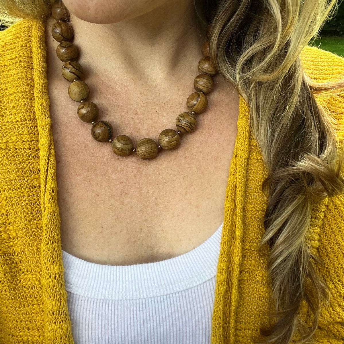 Chunky Wood Jasper Necklace, Boho Beaded Statement Jewelry