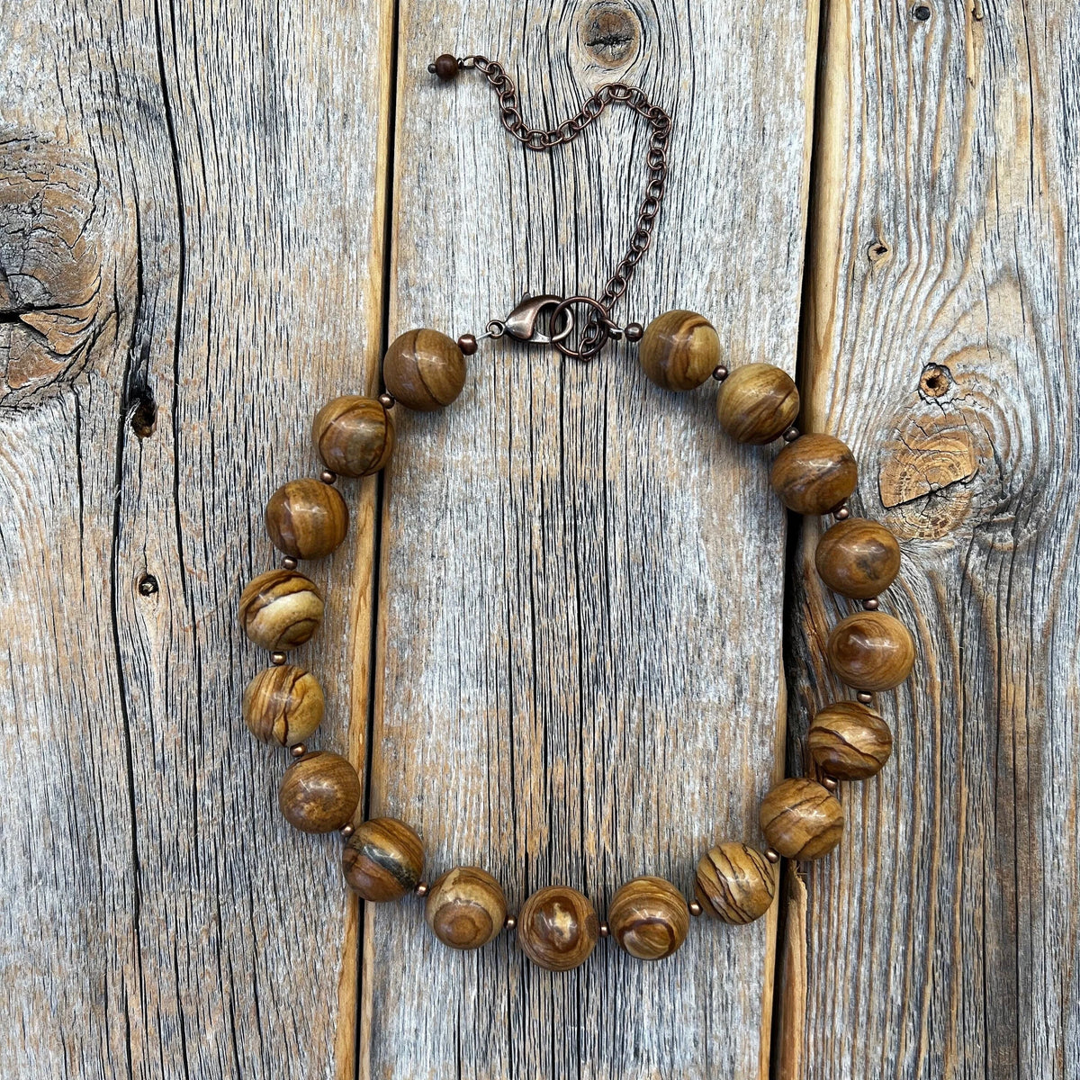 Chunky Wood Jasper Necklace, Boho Beaded Statement Jewelry