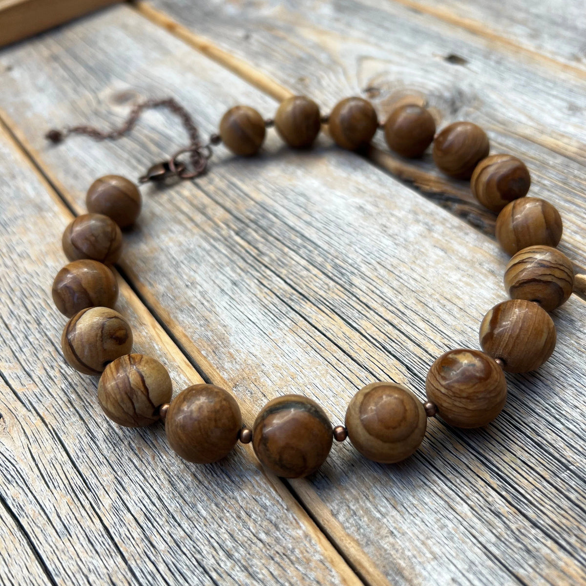 Chunky Wood Jasper Necklace, Boho Beaded Statement Jewelry