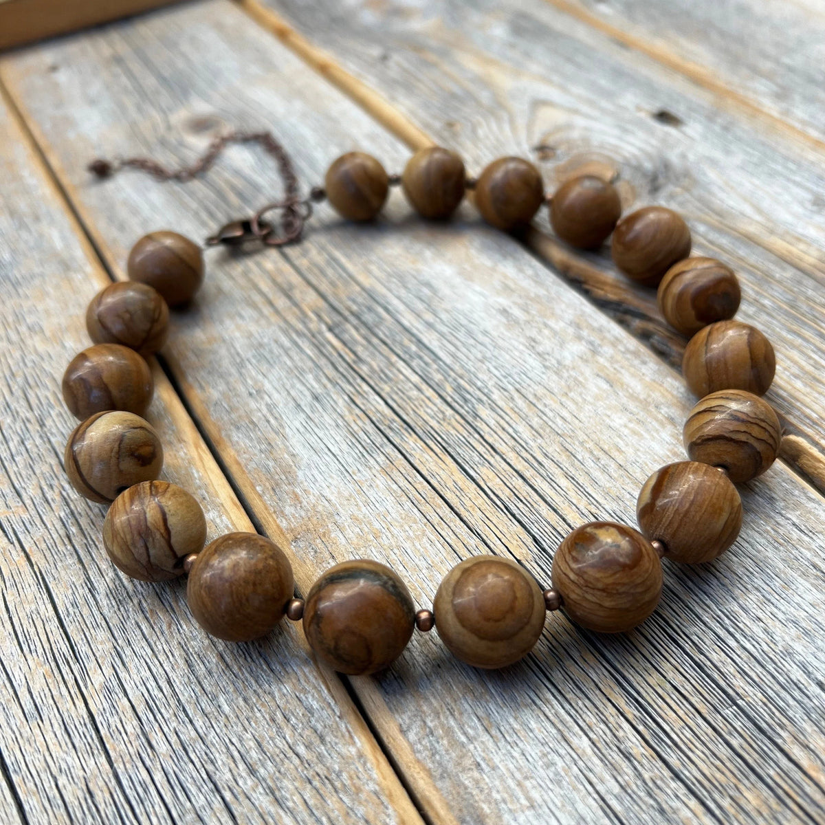 Chunky Wood Jasper Necklace, Boho Beaded Statement Jewelry
