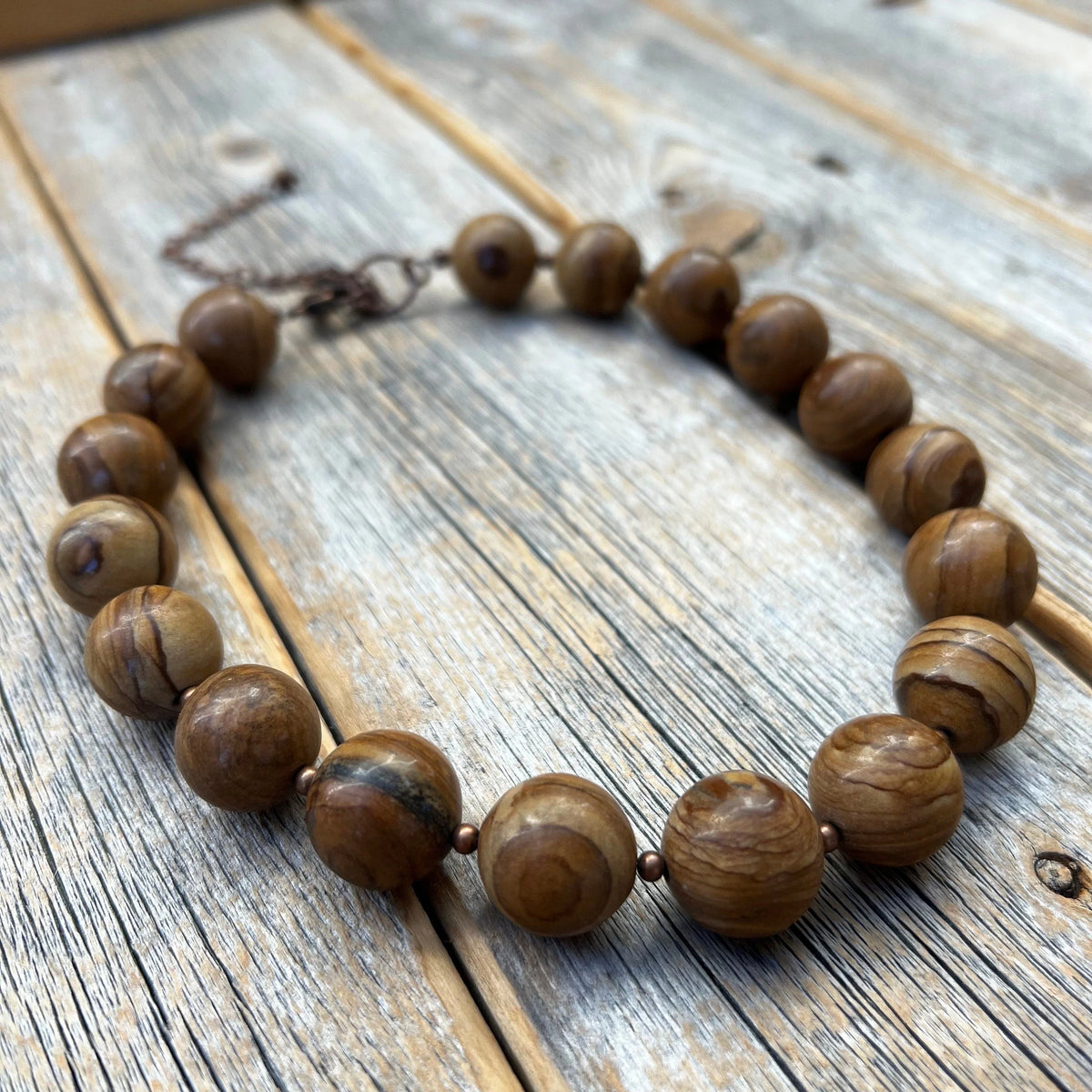 Chunky Wood Jasper Necklace, Boho Beaded Statement Jewelry