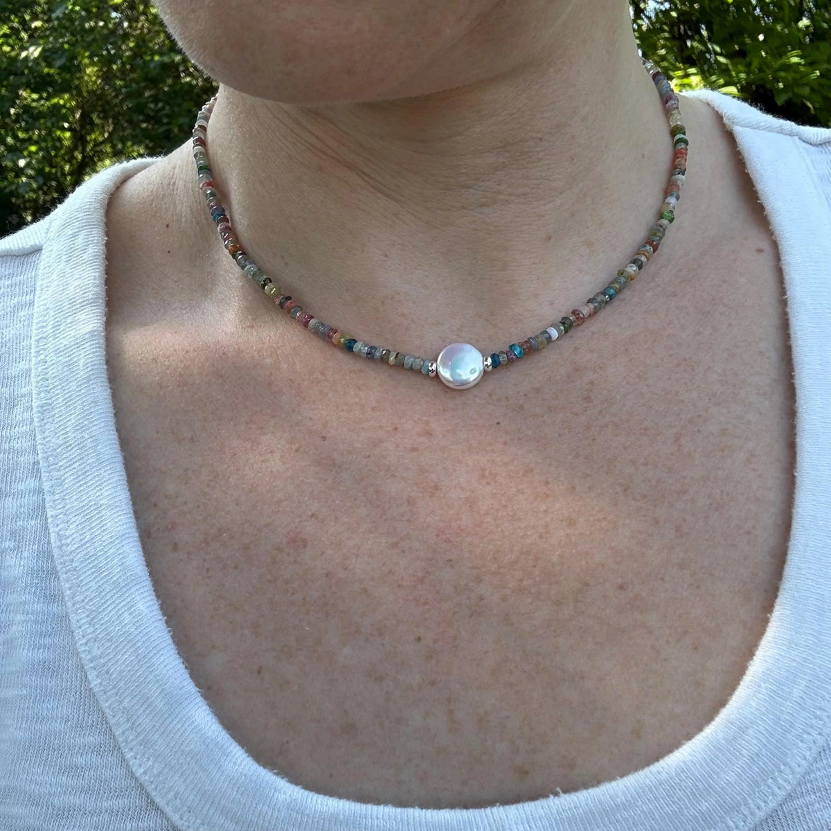 Coin Pearl Gemstone Necklace – Sterling Silver Layering Beaded Jewelry