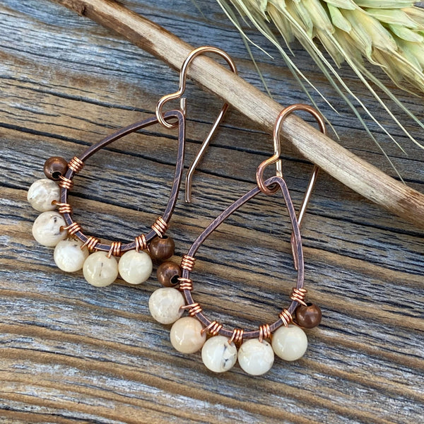 Copper Teardrop Earrings – African Opal, Boho Beaded Dangle