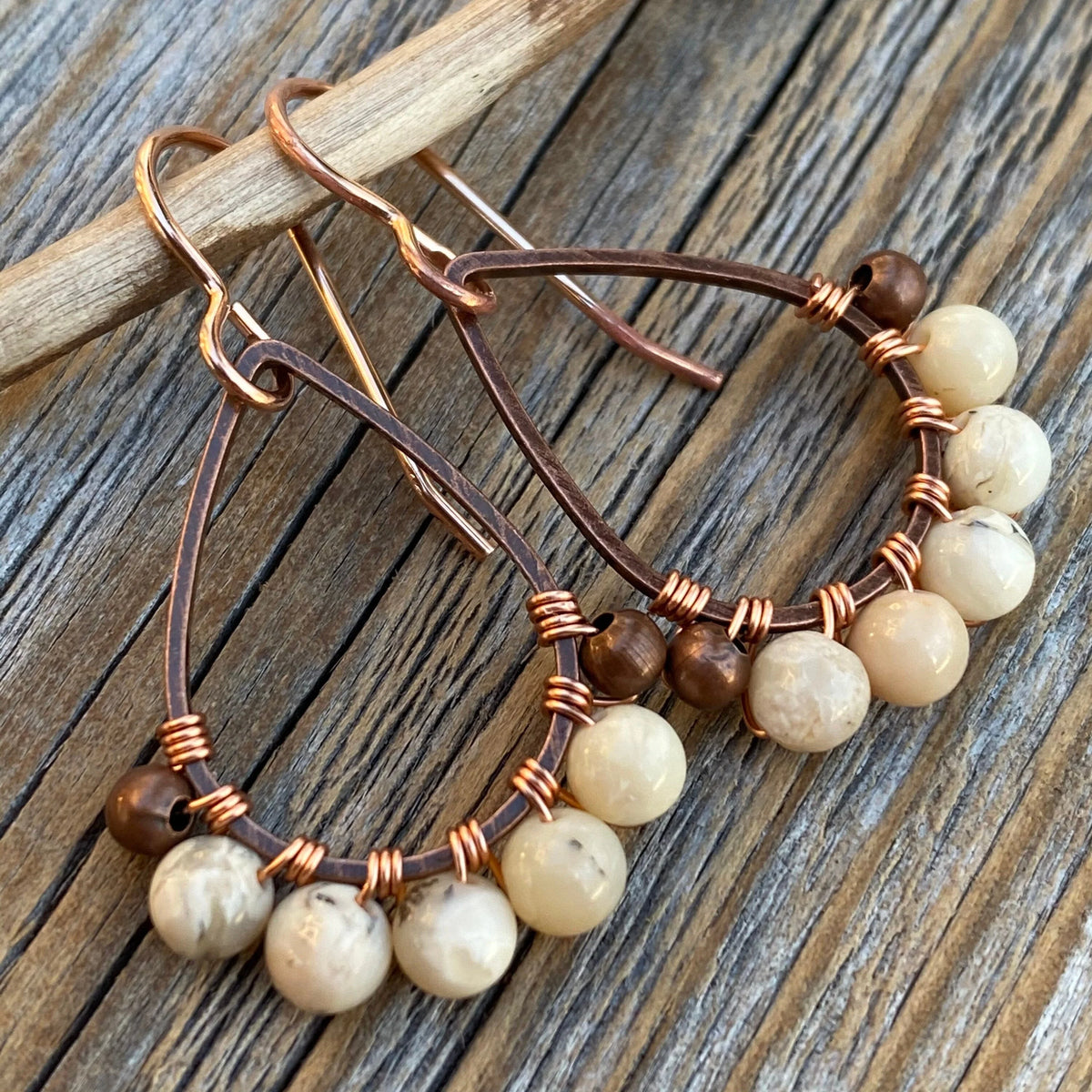 Copper Teardrop Earrings – African Opal, Boho Beaded Dangle