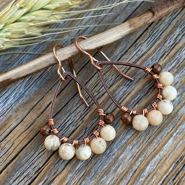Copper Teardrop Earrings – African Opal, Boho Beaded Dangle