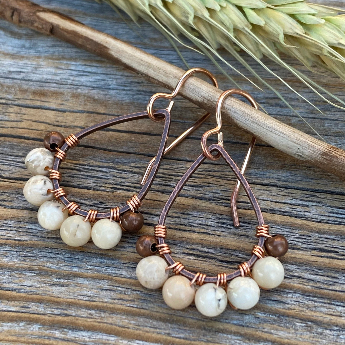 Copper Teardrop Earrings – African Opal, Boho Beaded Dangle