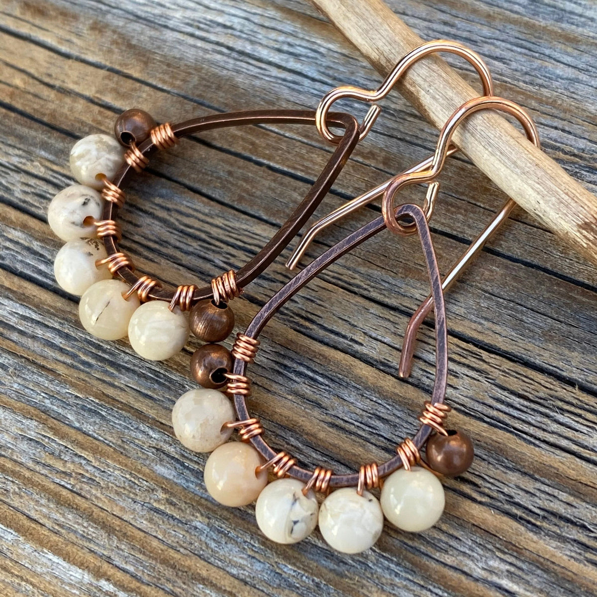 Copper Teardrop Earrings – African Opal, Boho Beaded Dangle