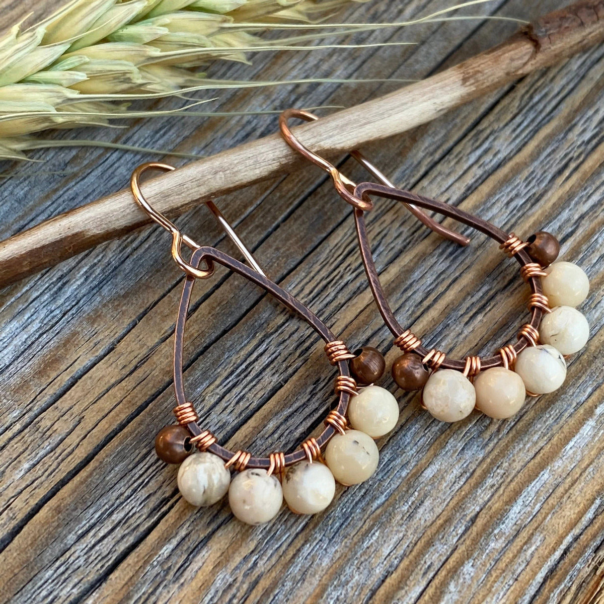 Copper Teardrop Earrings – African Opal, Boho Beaded Dangle