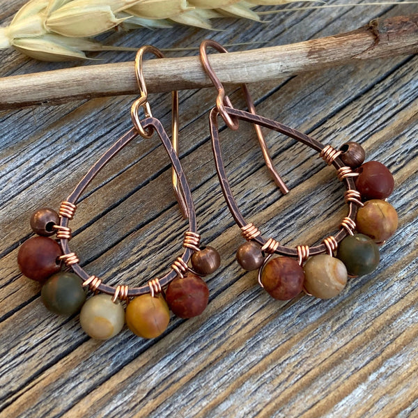 Copper Teardrop Earrings, Red Creek Jasper Boho Dangle Earrings