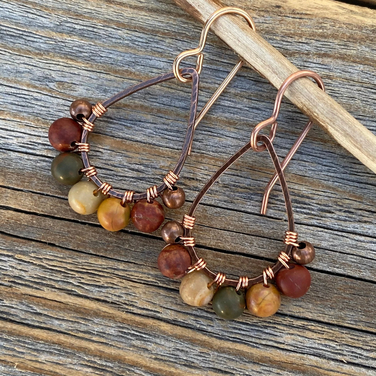 Copper Teardrop Earrings, Red Creek Jasper Boho Dangle Earrings