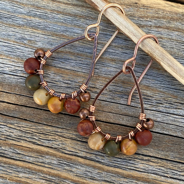 Copper Teardrop Earrings, Red Creek Jasper Boho Dangle Earrings
