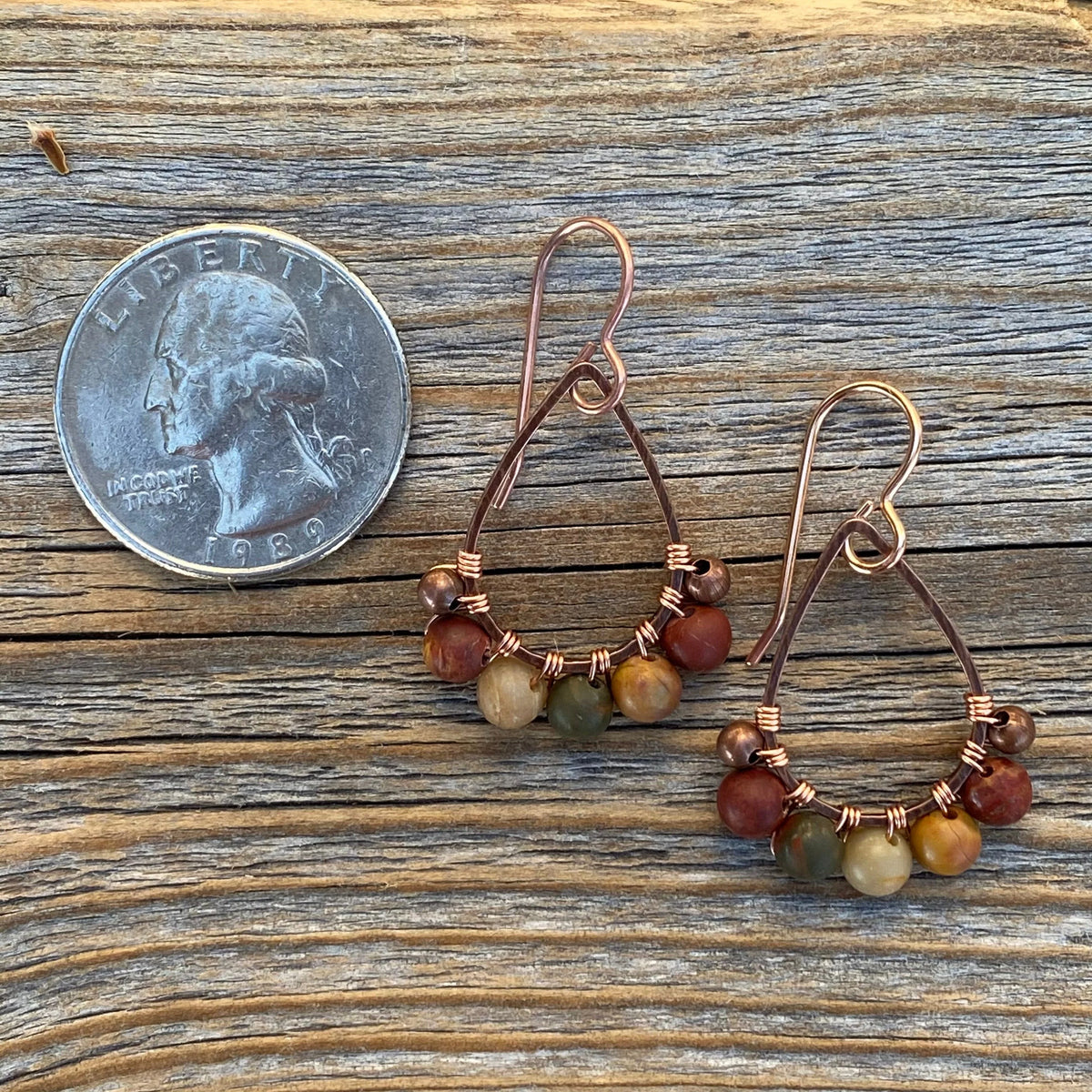Copper Teardrop Earrings, Red Creek Jasper Boho Dangle Earrings