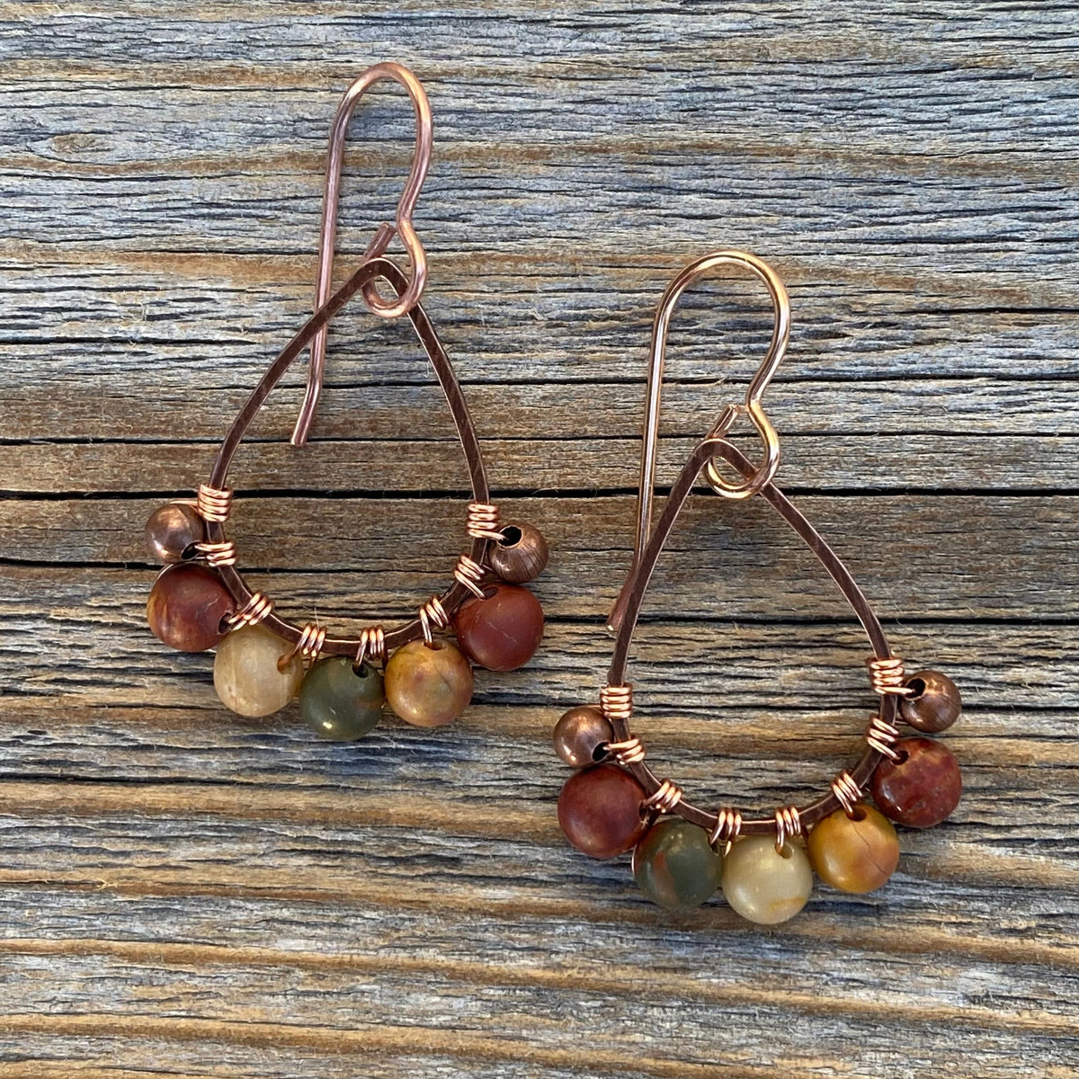 Copper Teardrop Earrings, Red Creek Jasper Boho Dangle Earrings