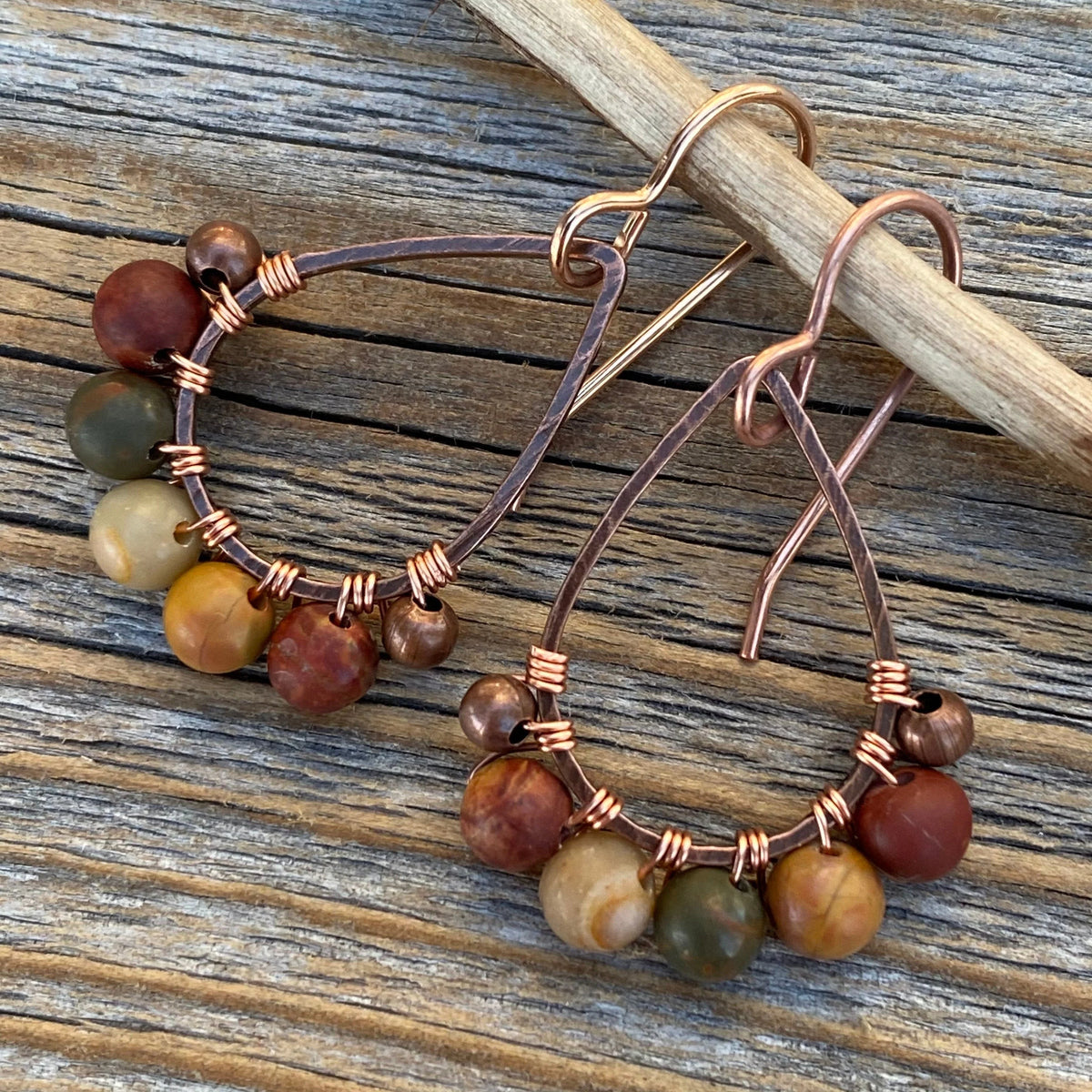 Copper Teardrop Earrings, Red Creek Jasper Boho Dangle Earrings