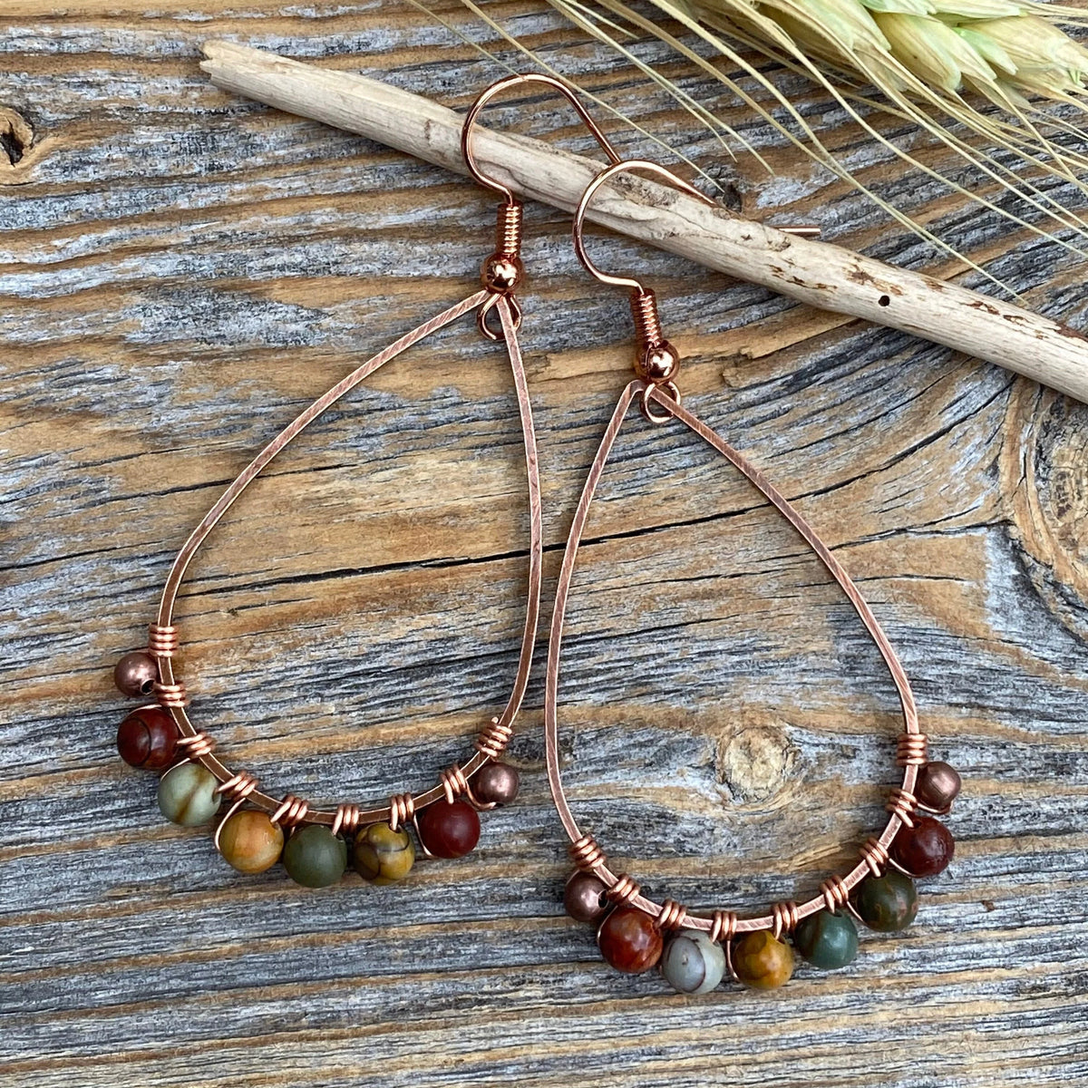 Copper Teardrop Earrings with Red Creek Jasper – Bohemian Style