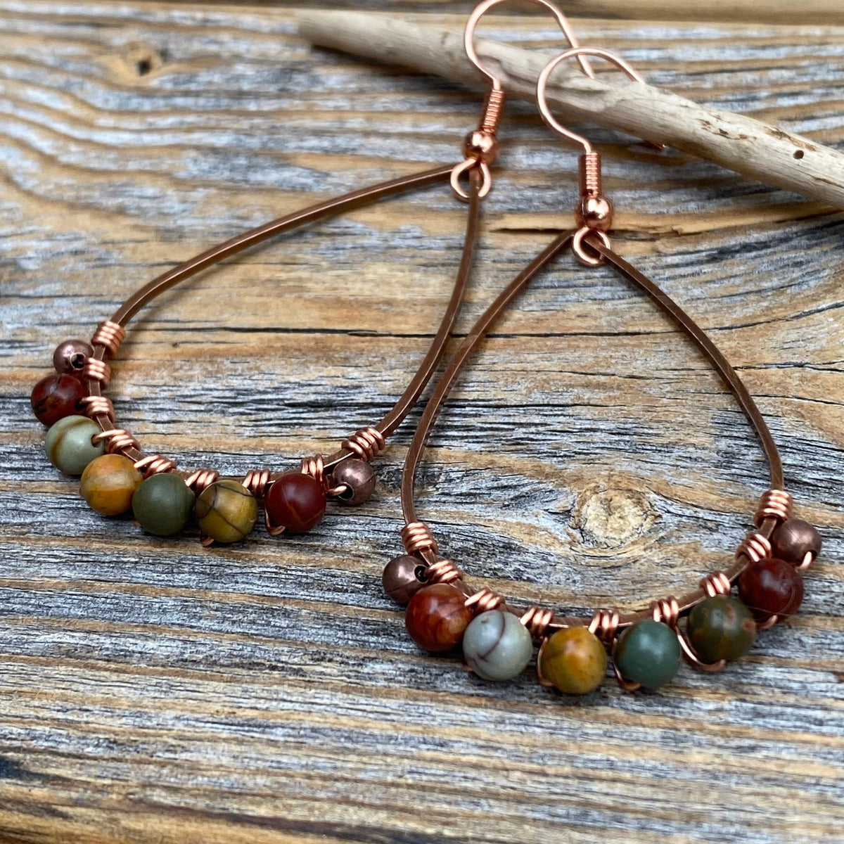 Copper Teardrop Earrings with Red Creek Jasper – Bohemian Style