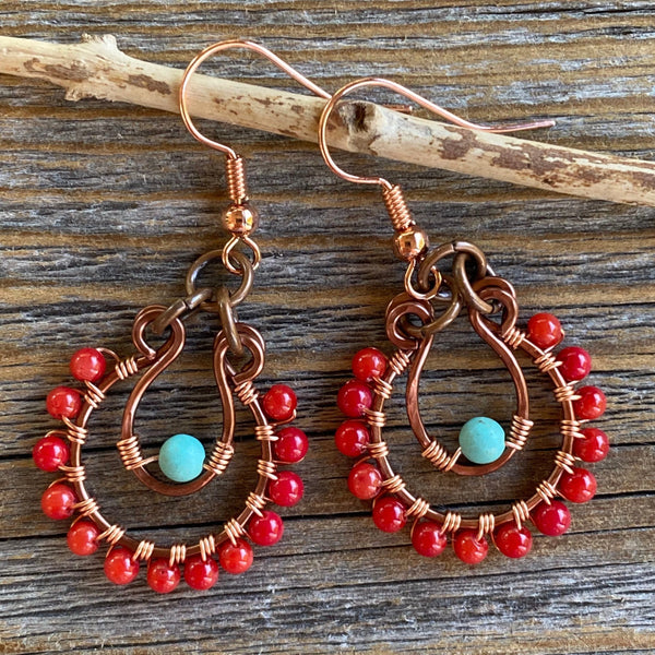 Coral and Turquoise Beaded Copper Hoop Earrings