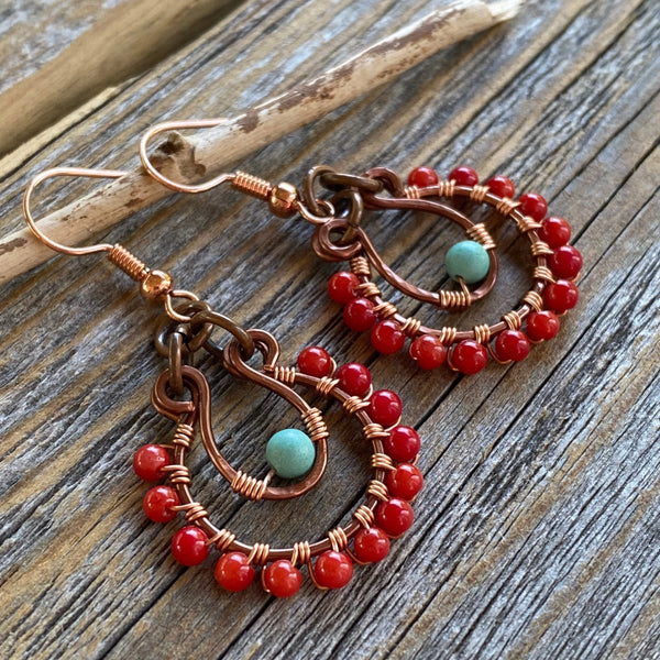 Coral and Turquoise Beaded Copper Hoop Earrings