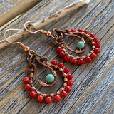 Coral and Turquoise Beaded Hoop Earrings – Handmade Copper Jewelry