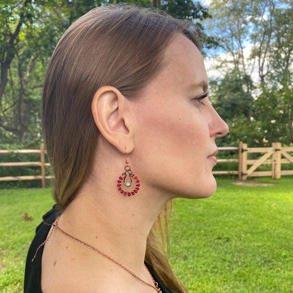 Coral and Turquoise Beaded Hoop Earrings – Handmade Copper Jewelry