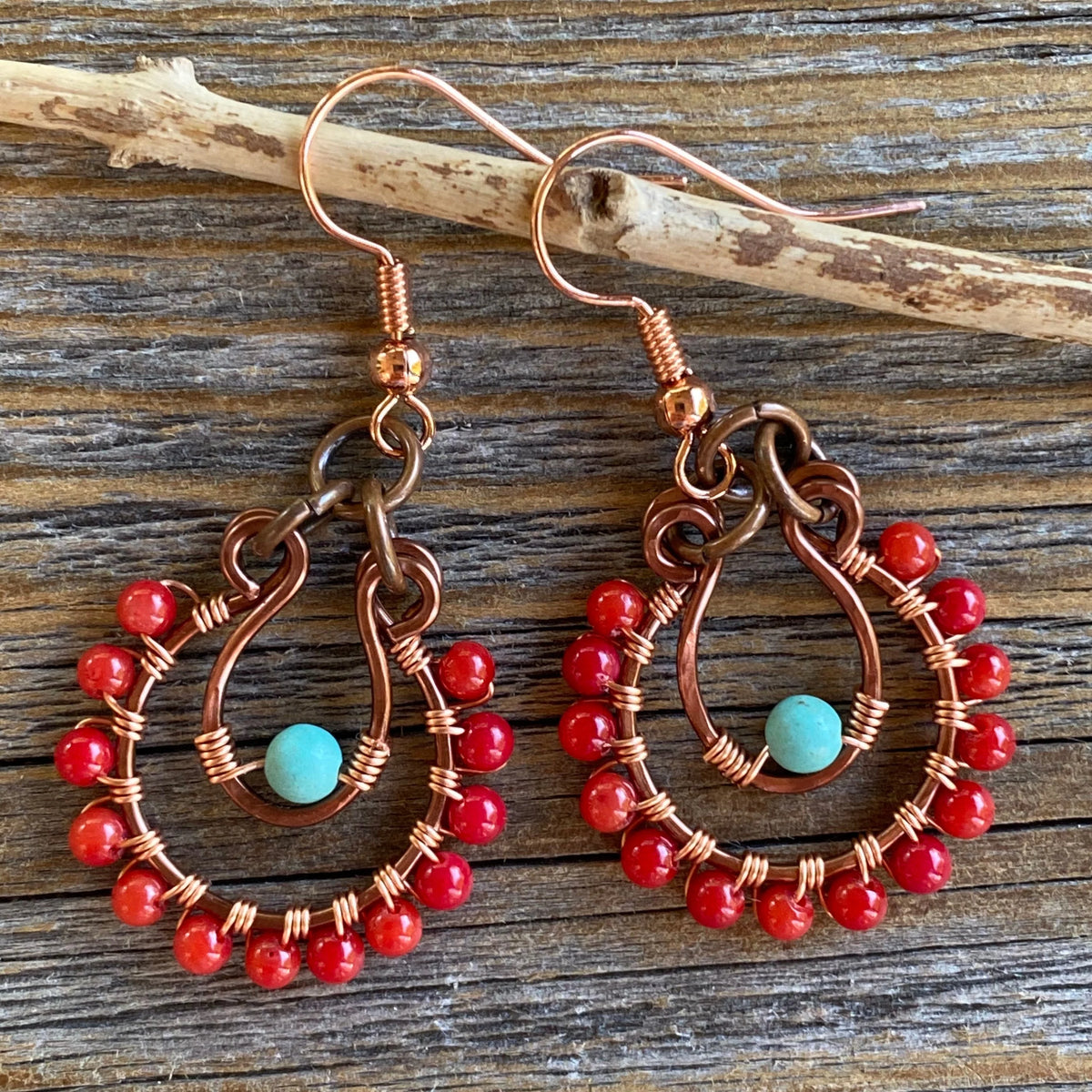 Coral and Turquoise Beaded Hoop Earrings – Handmade Copper Jewelry