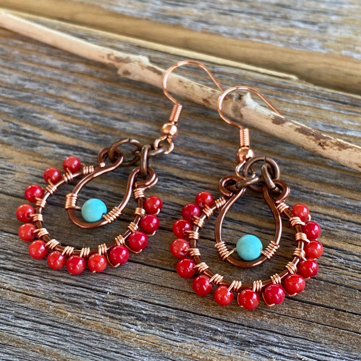Coral and Turquoise Beaded Hoop Earrings – Handmade Copper Jewelry