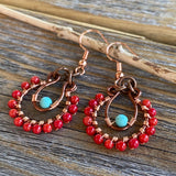 Coral and Turquoise Beaded Hoop Earrings – Handmade Copper Jewelry