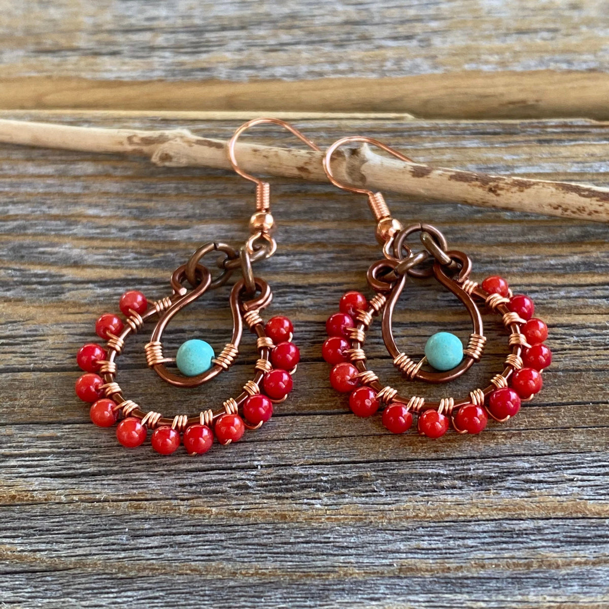 Coral and Turquoise Beaded Hoop Earrings – Handmade Copper Jewelry