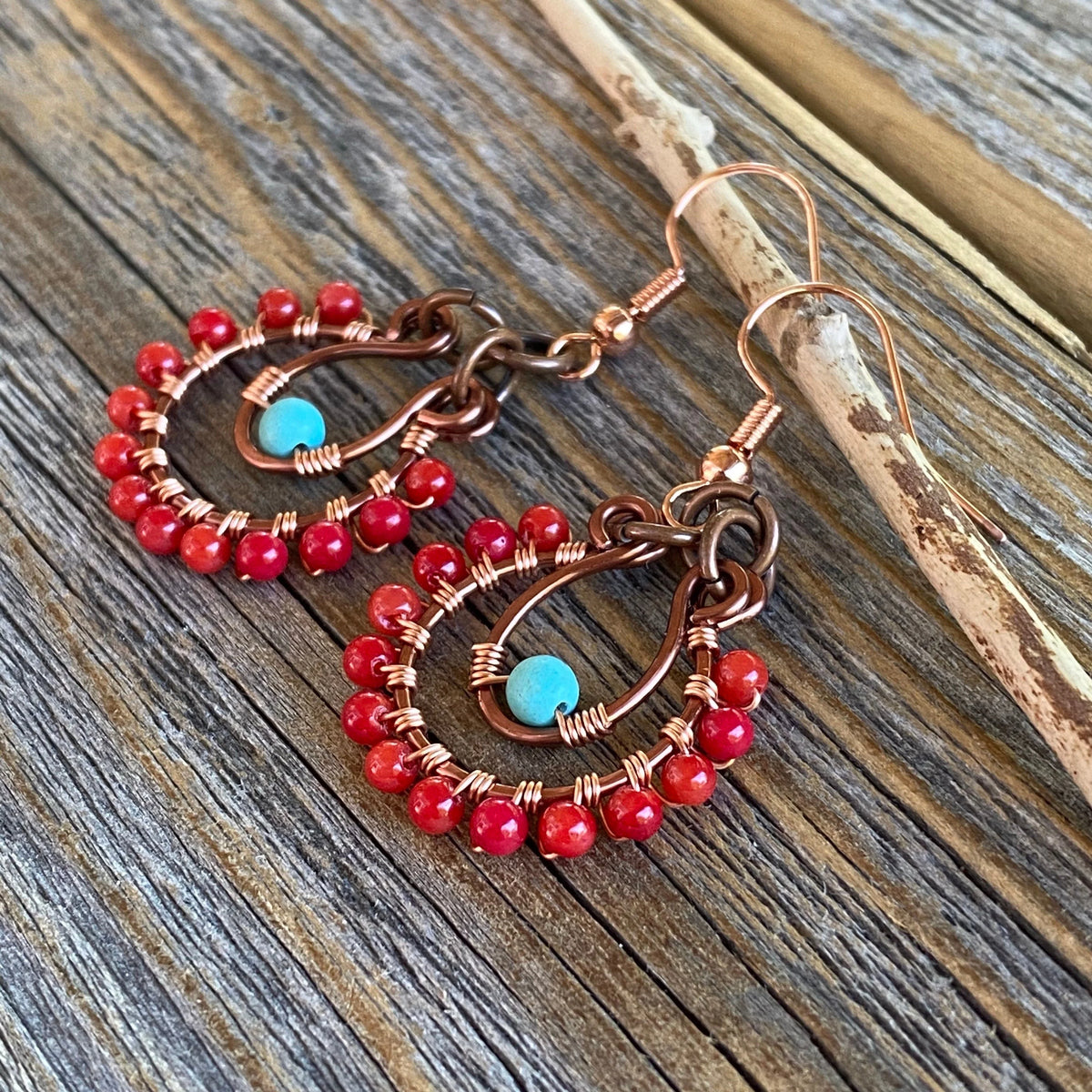 Coral and Turquoise Beaded Hoop Earrings – Handmade Copper Jewelry