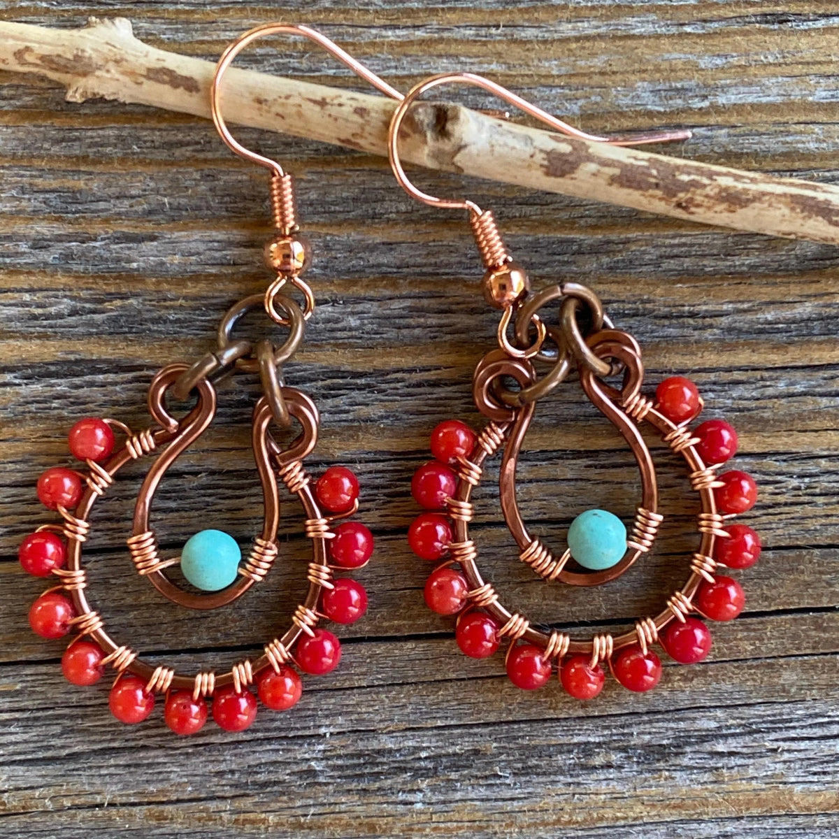 Coral and Turquoise Beaded Hoop Earrings – Handmade Copper Jewelry
