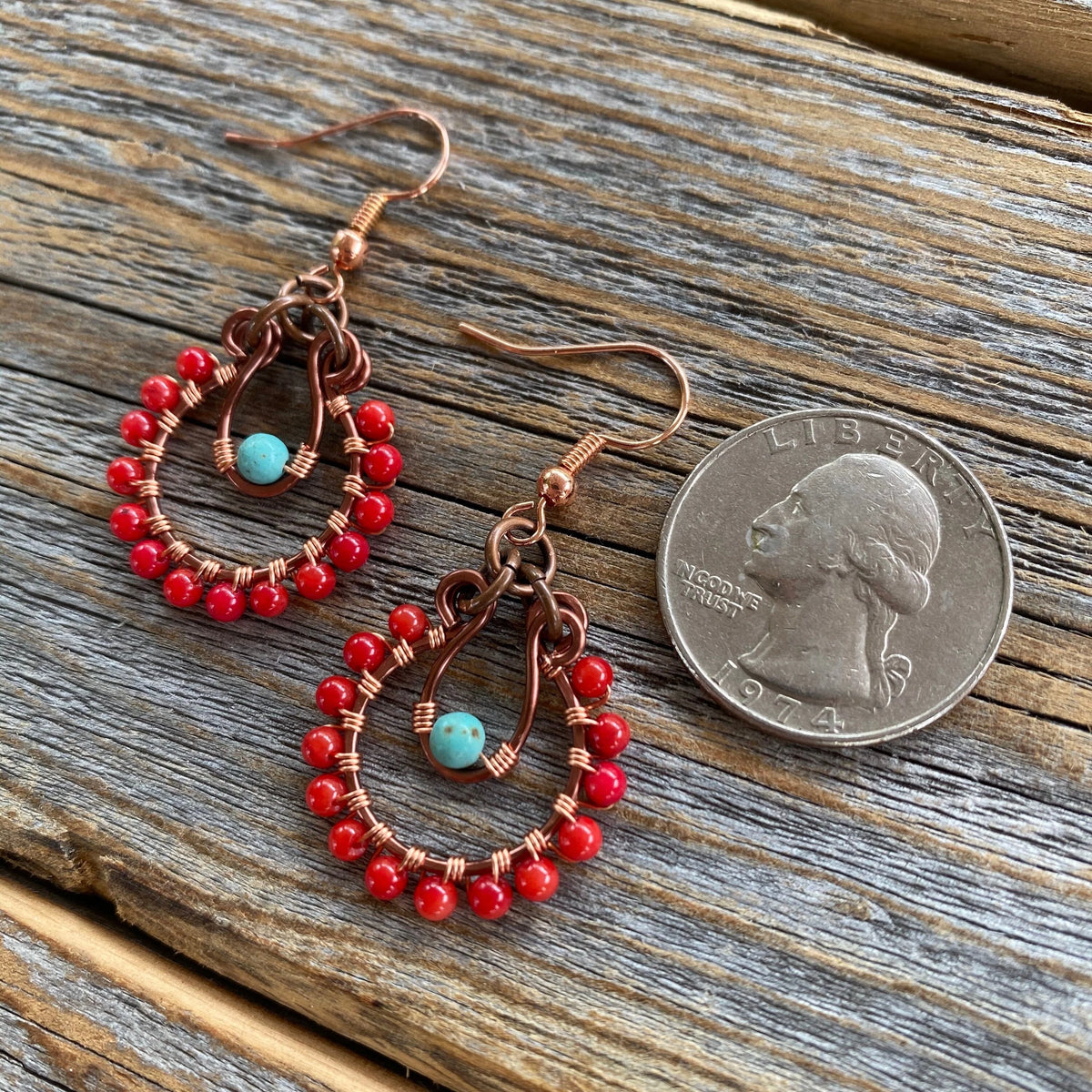 Coral and Turquoise Beaded Hoop Earrings – Handmade Copper Jewelry