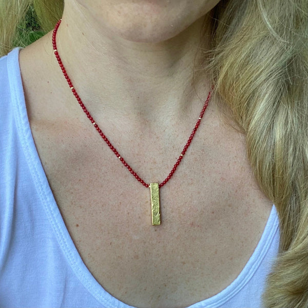 Coral Beaded Necklace, 24K Gold Rectangle Pendant, Dainty Jewelry