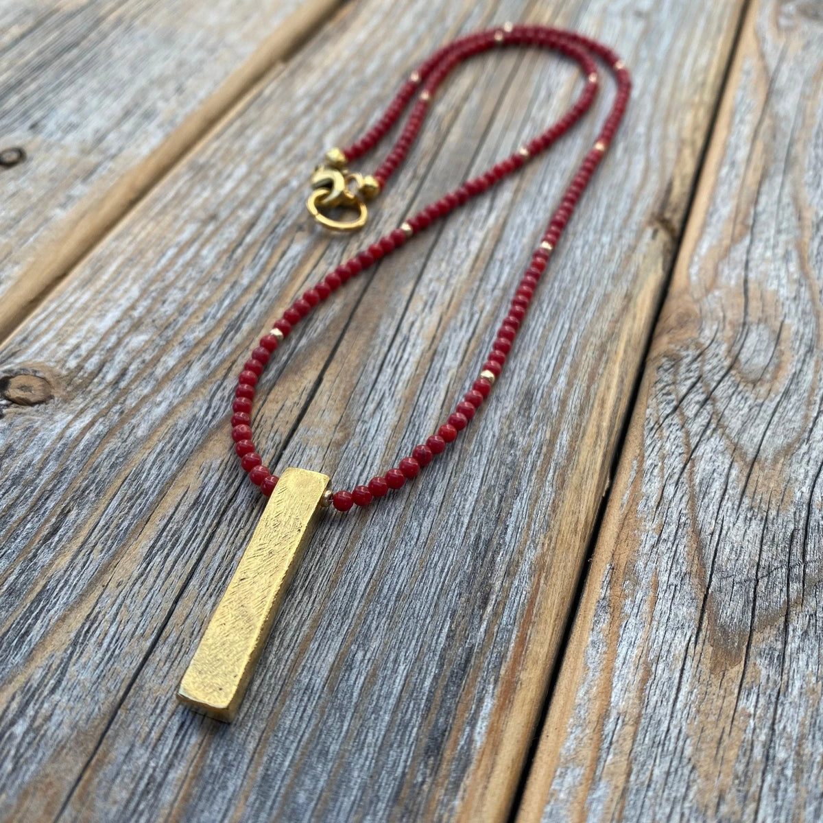 Coral Beaded Necklace, 24K Gold Rectangle Pendant, Dainty Jewelry