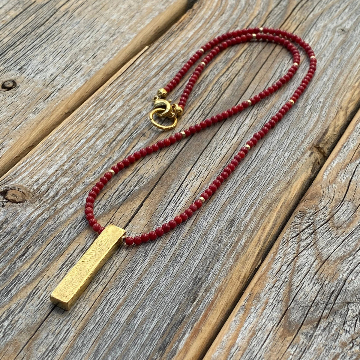 Coral Beaded Necklace, 24K Gold Rectangle Pendant, Dainty Jewelry